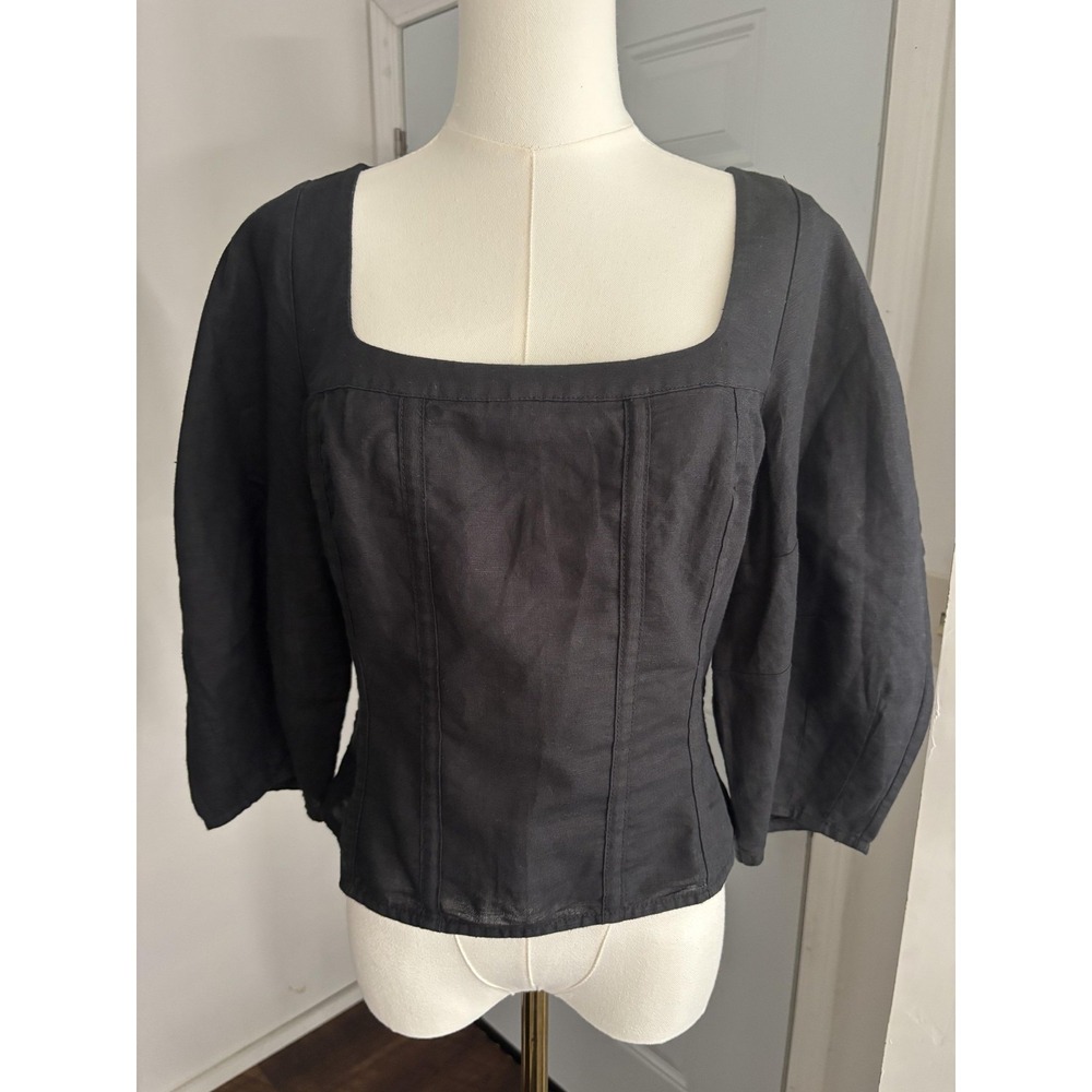Banana Republic Blouse Womens 4 Black Linen Blend Square Neck Cottagecore
